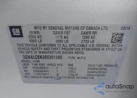 2014 Chevrolet Equinox 2Lt z USA, uszkodzony, nr VIN 2GNALCEK9E6301380